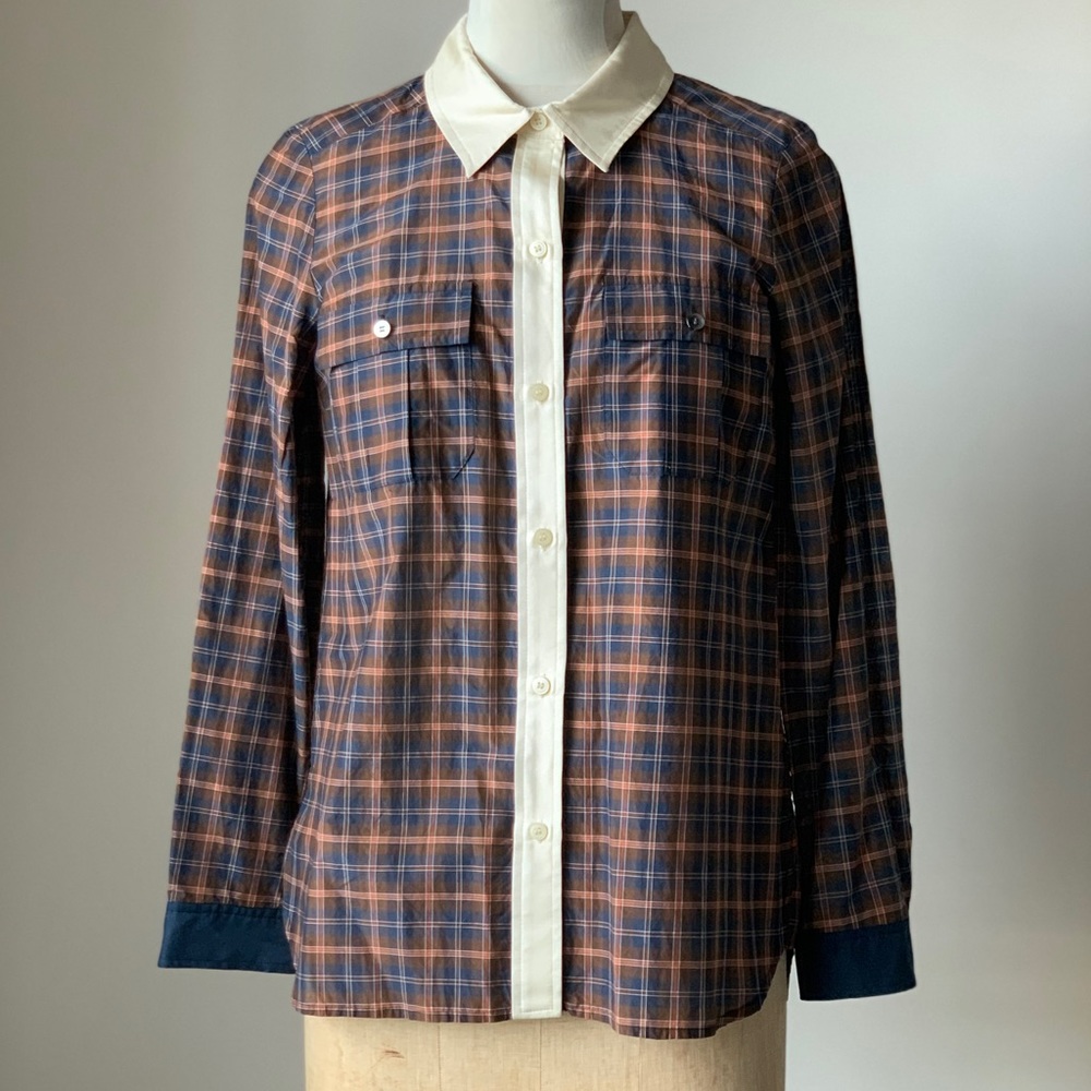 Marc Jacobs Navy Plaid Silk Collar Button Up Sz 6